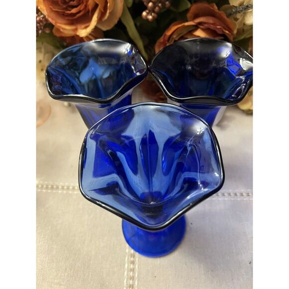 Anchor Hocking Cobalt Blue Footed Tulip Ice Cream Sundae Dessert Dish Set of 3 - Picture 2 of 5